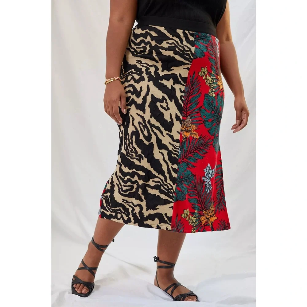Anthropologie | Red and Black Contrast Sweater Safari Patterned Midi Skirt ~ XL - Picture 4 of 11